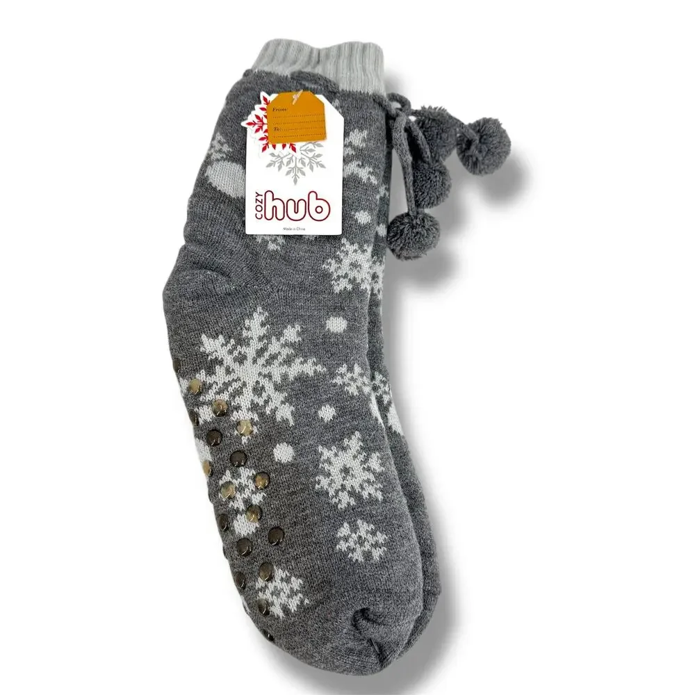 Cozy Hub non skid slipper socks snowflake with pompom winter gray white NEW